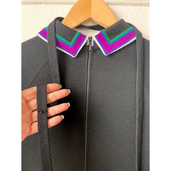 60s 70s Knit A-Line Dress Stripes Collar Same Fabric belt Raglan Sleeve Size 8 - Picture 9 of 9